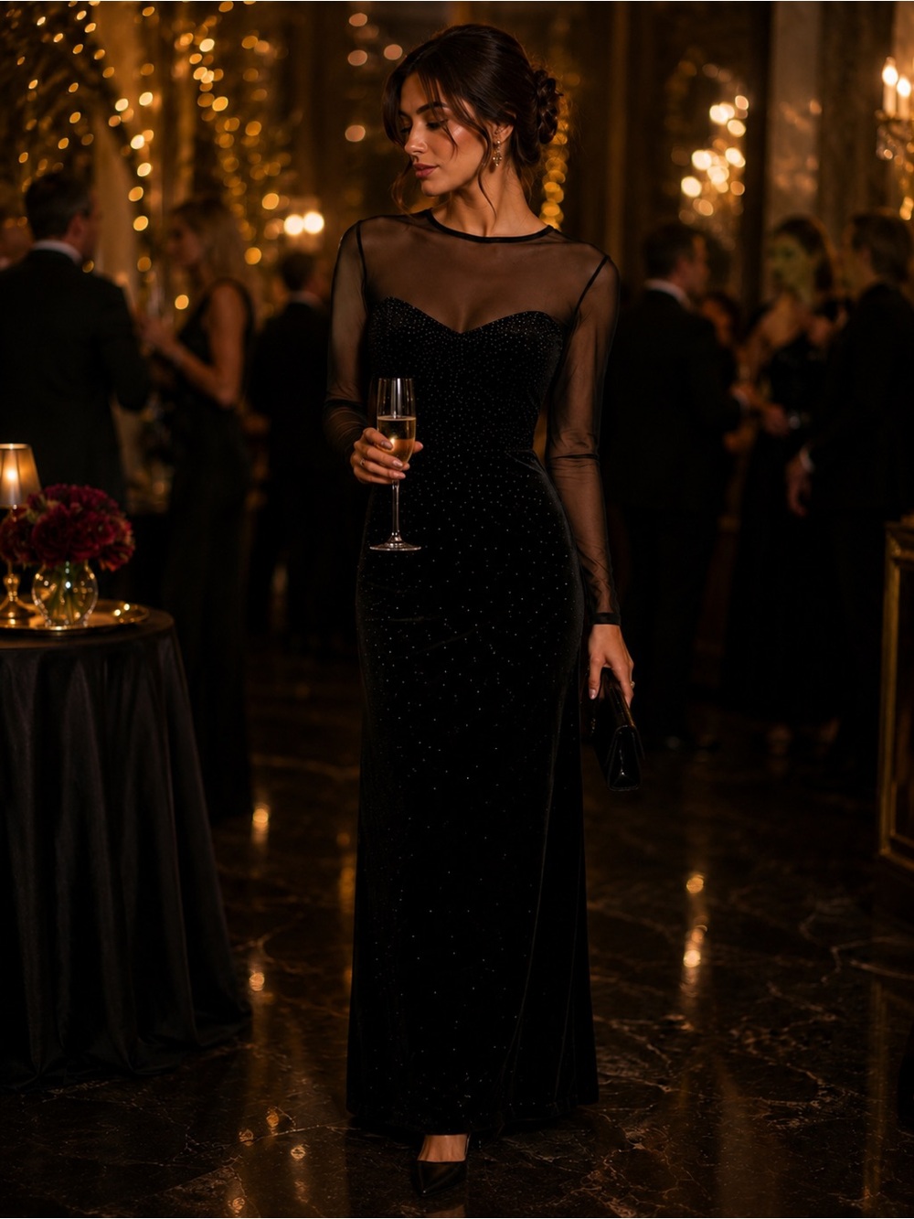 Tadashi Shoji Black Sheer-Yoke Long Sleeve Velvet Gown with Rhinestones